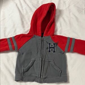 Tommy Hilfiger Red and Gray Hooded Zip Hoodie with 'H' Patch